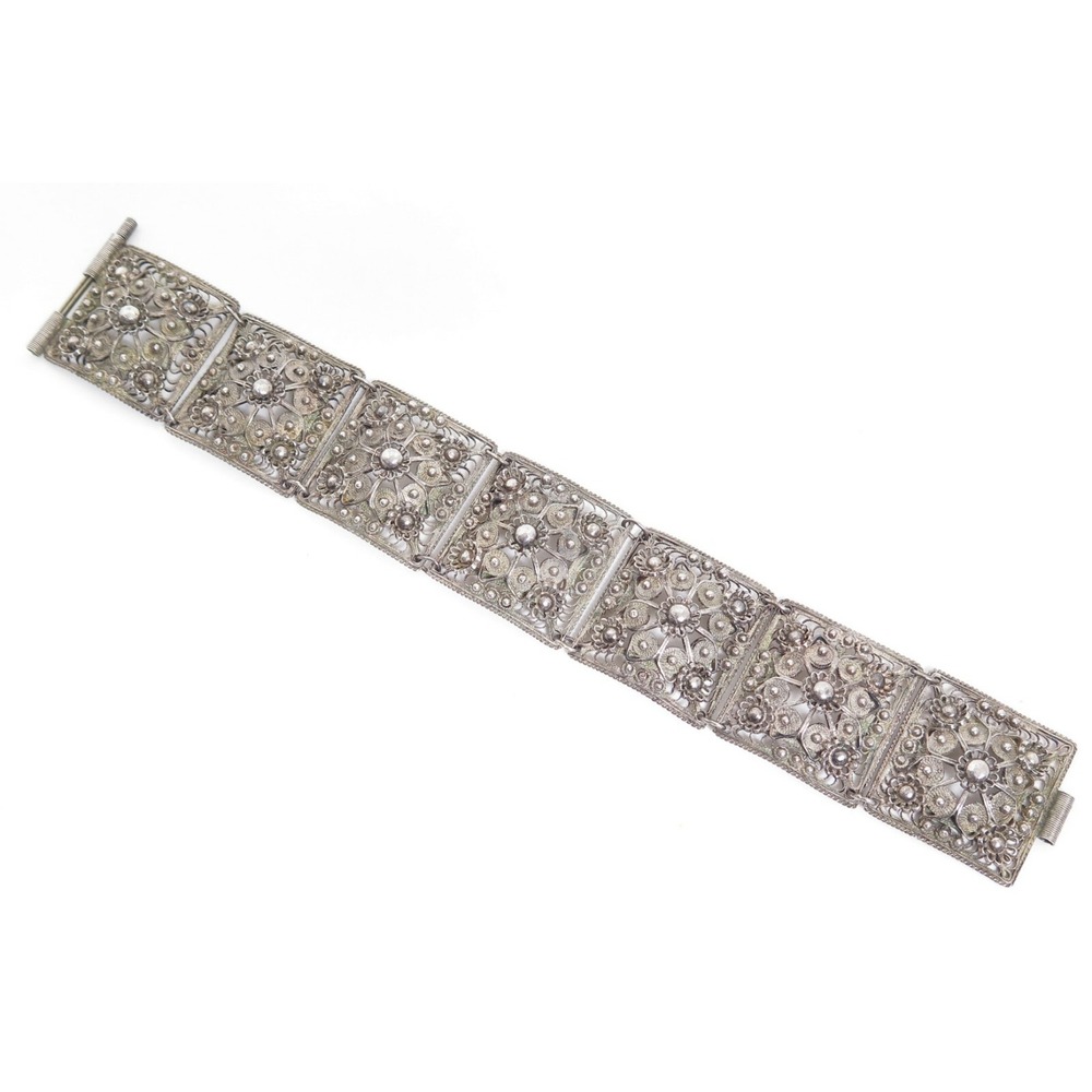 OLD ANTIQUE VICTORIAN CANNETILLE STERLING SILVER FLORAL PANEL LINK WIDE BRACELET